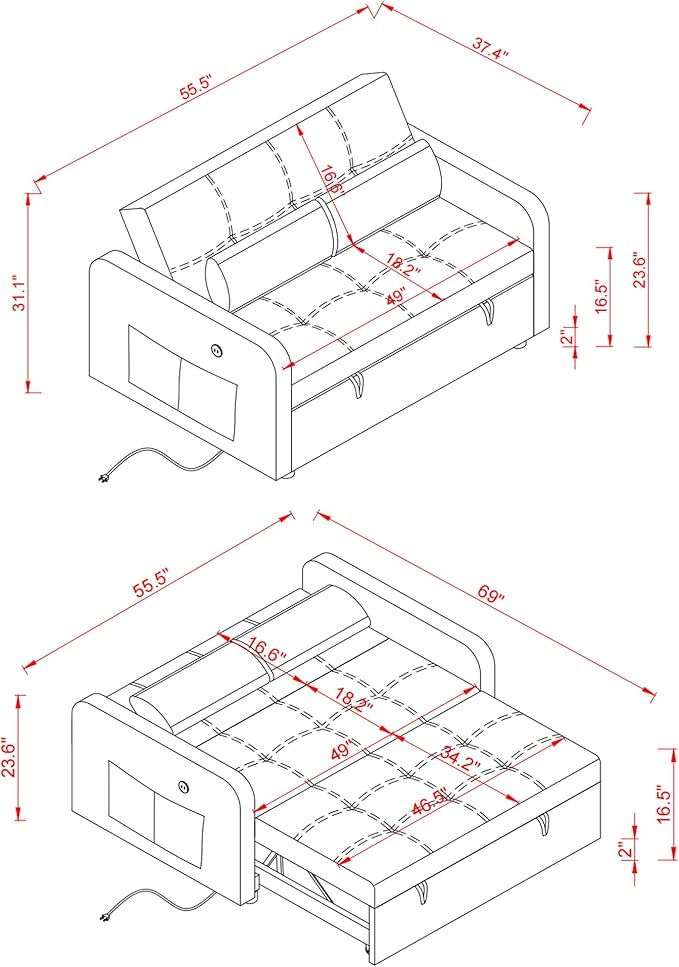 55.5 Velvet Convertible Sofa Bed Pull Out Sleeper Sofa Bed Loveseat Couch with USB Charging Ports 3 in 1 Convertible Sleeper Sofa Bed for Living Room Apartment Bedroom RV Black