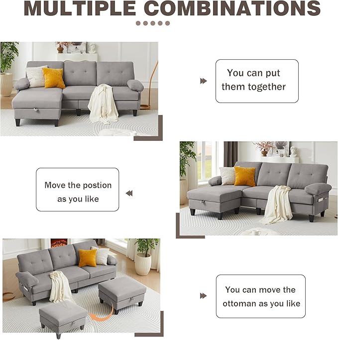 84 Convertible Sectional Sofa Modern Linen Fabric Small L Shaped Couch with Reversible Chaise 3-Seat Sofa Couches for Living Room Apartment and Small SpaceLight Grey