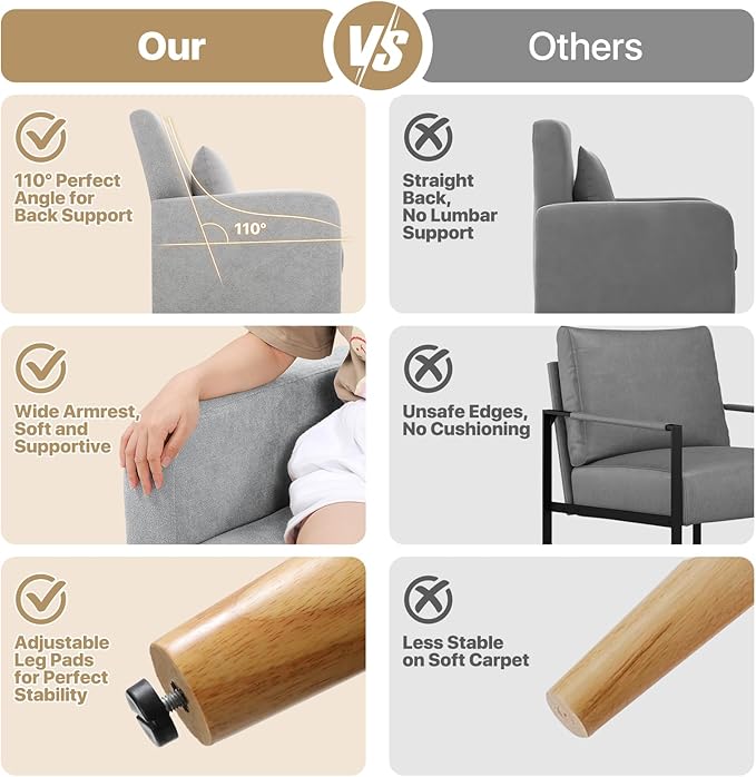 MoNiBloom Accent Chair with Back Pillow Upholstered Club Arm Chair Modern Living Room Chair with Wooden Legs for Bedroom Corner Living Room Reading Nook Gray
