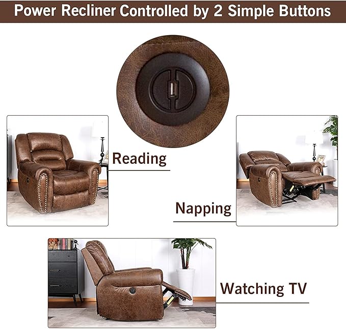 ANJ Electric Power Recliner Set of 2 Breathable Bonded Leather Reclining Chair Classic Home Theater Recliners Seating W/USB Port Electric Recliner Chairs for Living Room (Nut Brown)