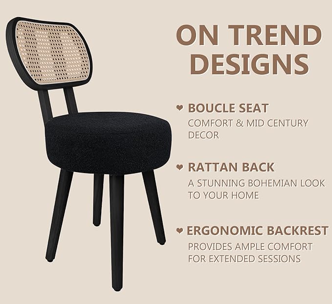 ZYBT Rattan Dining Chair Boho Makeup Vanity Chair for Makeup Room Mid Century Modern Boucle Chair Black Cane Dining Chairs Upholstered Wood Accent Chair Cute Sherpa Chair with Back 1 Pc