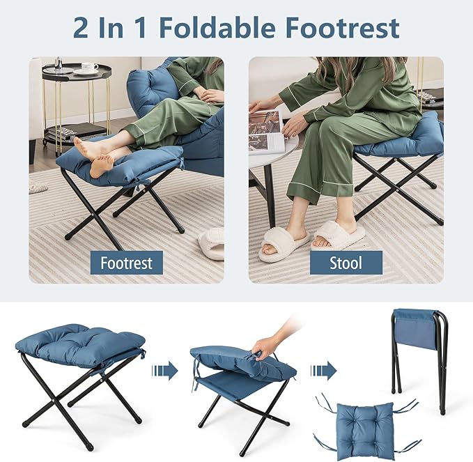 RELAX4LIFE Lazy Chair with Foldable Ottoman - Modern Lounge Accent Chair w/Armrests &amp Side Pocket Upholstered Leisure Sofa Armchair with Footrest for Reading Living Room Bedroom Dorm (Blue)