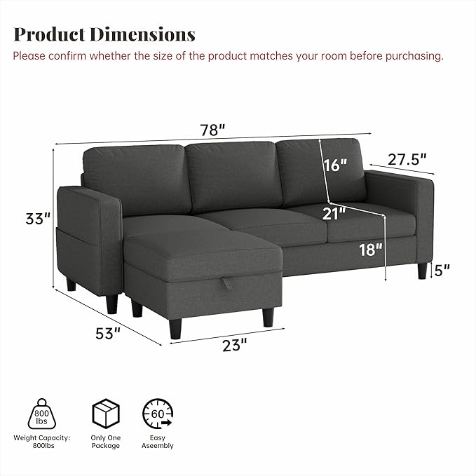 Sectional Sofa Couches for Living Room - 3-Seat Dark Gray L-Shaped Modern Sofa Couch with Reversible Storage Ottoman &amp Storage Pockets for Living Room Apartment Studio