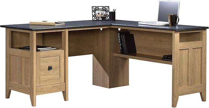 Sauder August Hill L-Shaped Corner Desk with Storage Drawer and Open Shelf for Home Office in Dover Oak finish
