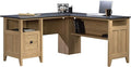 Sauder August Hill L-Shaped Corner Desk with Storage Drawer and Open Shelf for Home Office in Dover Oak finish