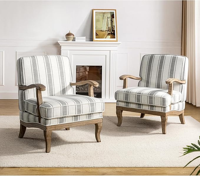 HULALA HOME Mid-Century Modern Chair Set of 2 Upholstered Accent Chair with Graceful Curves and Wooden Legs Comfy Lounge Armchair Striped Accent Chairs for Living Room Bedroom (Grey)
