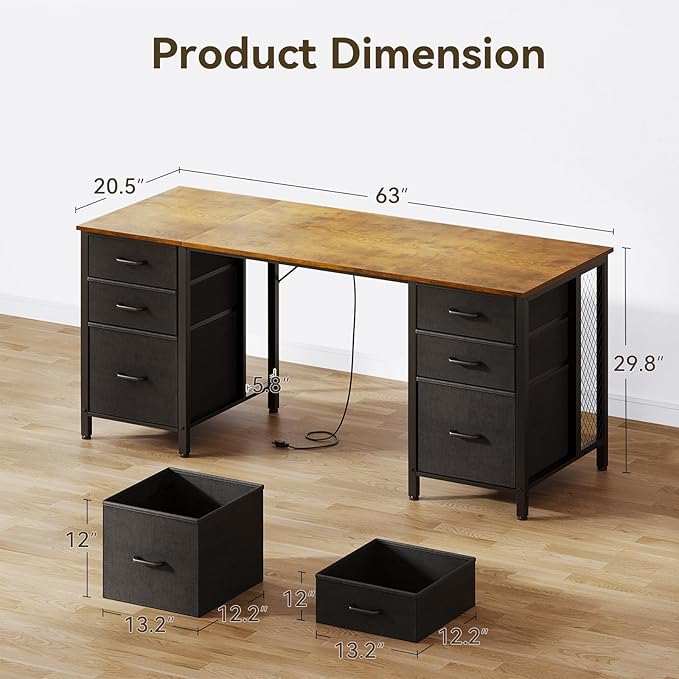 ODK 63 Inch Office Desk with 6 Fabric Drawers Large Computer Desk for Home Office with Hidden Storage Shelves Rustic Brown