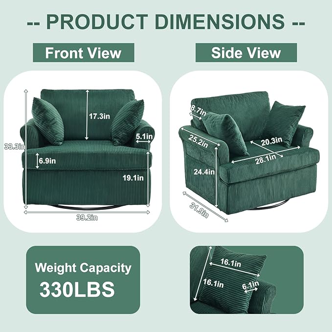 Karl home 39 Swivel Accent ChairOversized Seat Armchair W/2 Pillows and 4 PocketsModern Upholstered Corduroy Barrel ChairsComfy Single Sofa for Living RoomReadingBedroom and Office-Dark Green