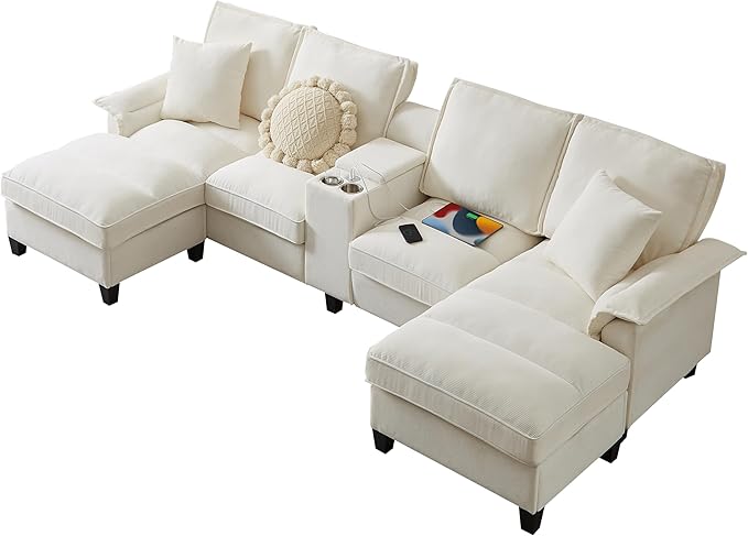 Ball &amp Cast 120 U-Shaped Sectional Couch with 2 Storage Chaise Footrest &amp 2 Throw Pillows4 Seat Corduroy Upholstered Modular Sofa W/2 Cup HoldersUSB Ports &amp Hidden Storage Box for Livin