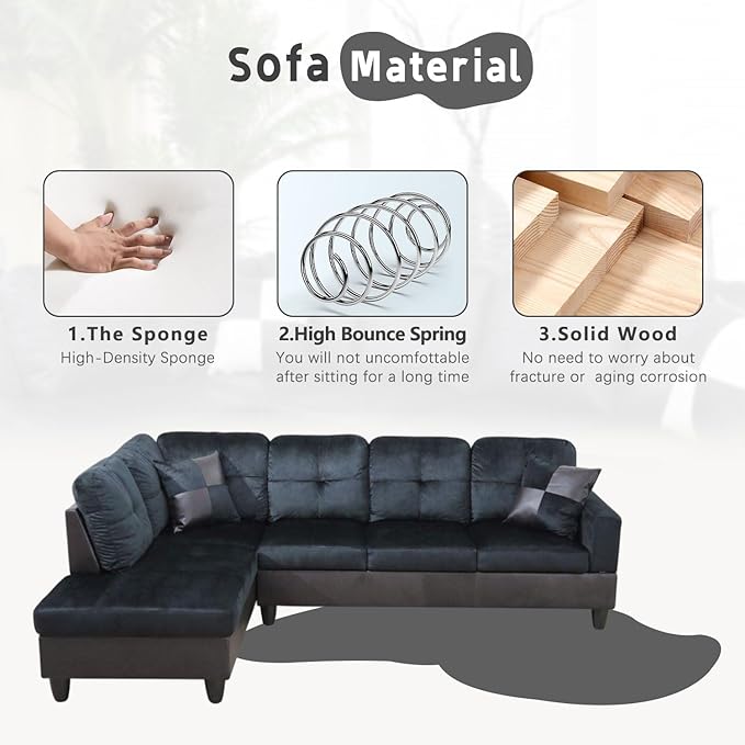 L-Shaped 3-Piece Lint and PVC Sofa with Storage Ottoman Set Sectional Couch Sofa Set for Living Room Office Small Space Dark Blue and Brown