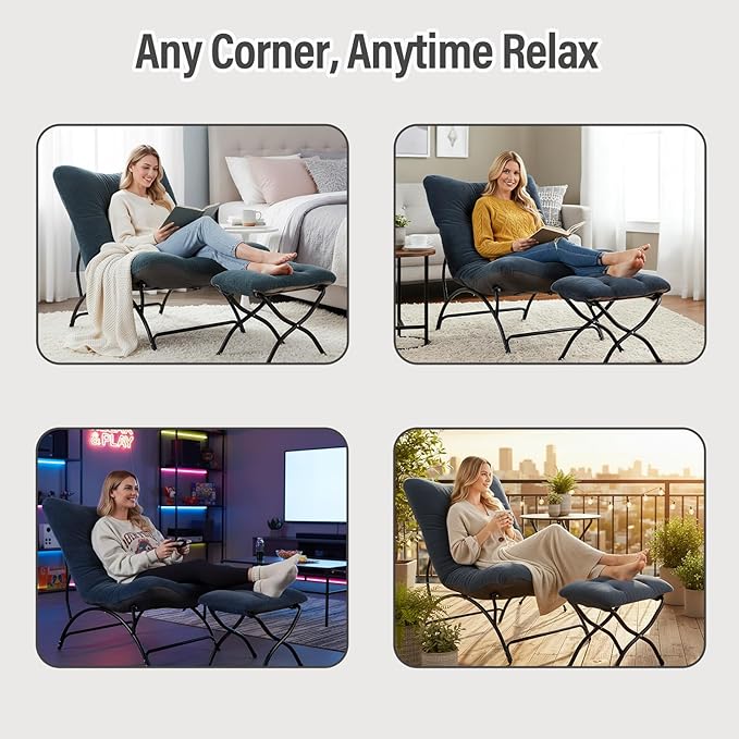 Tiita Accent Lazy Chair with Ottoman Comfy Lounge Chair with Metal Frame and Plush Fabric Thick Cushion Seated Cozy Recliner Chair for Reading Room Living Room Bedroom Office Dark Gray