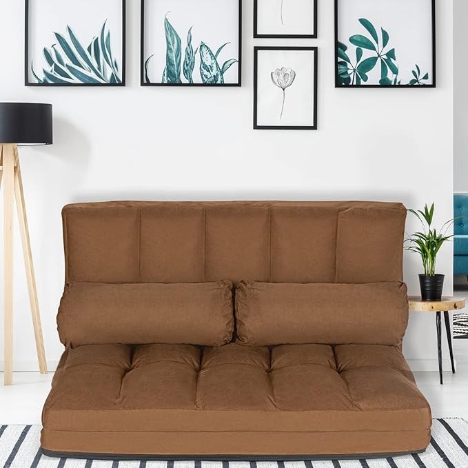 GOFLAME Convertible Floor Sofa 6-Position Couch with 2 Removable Pillows &amp Thick Sponge Cushion Load 330LBS Adjustable Lazy Sofa Bed for Living Room Bedroom (Brown)