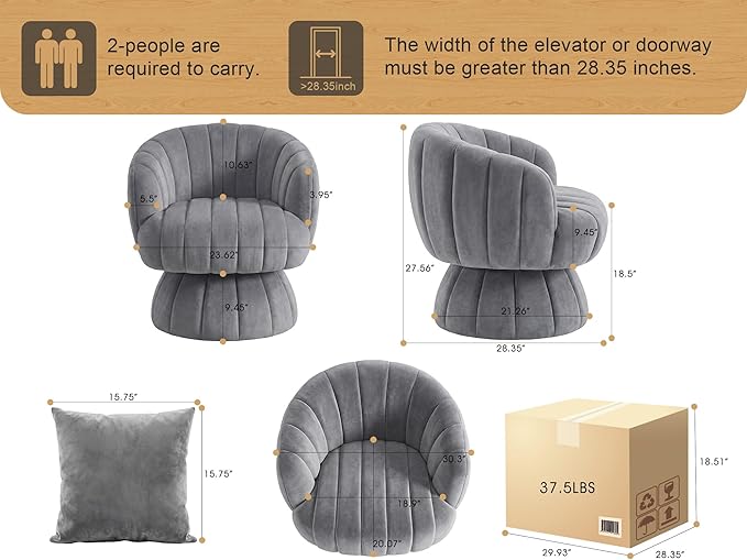 Mid Century Modern 360 Degree Barrel Swivel Accent Sofa ChairFluffy Velvet Fabric Lounge Wide Upholstered Pumpkin Reading Chair Round Cloud Armchair for Living RoomBedroomVanity(Gray)