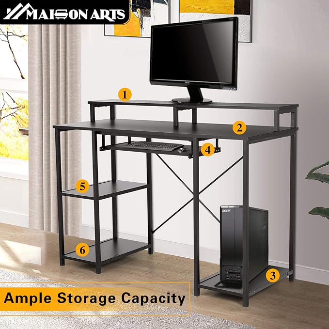 MAISON ARTS Black Computer Desk with Hutch Storage Shelves &amp Keyboard Tray Home Office Writting Large Desk Study Modern PC Table for Bedroom Work Gaming