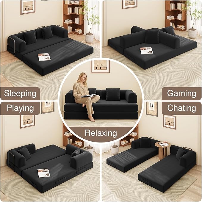 Ahomly 78.8'' Convertible Sofa Bed5-in-1 Boneless Couch with Removable ArmrestsFolding Futon Sofa Bed Includes 2 PillowsComfy Pull Out Couch for Living RoomNo Assembly RequiredBlack