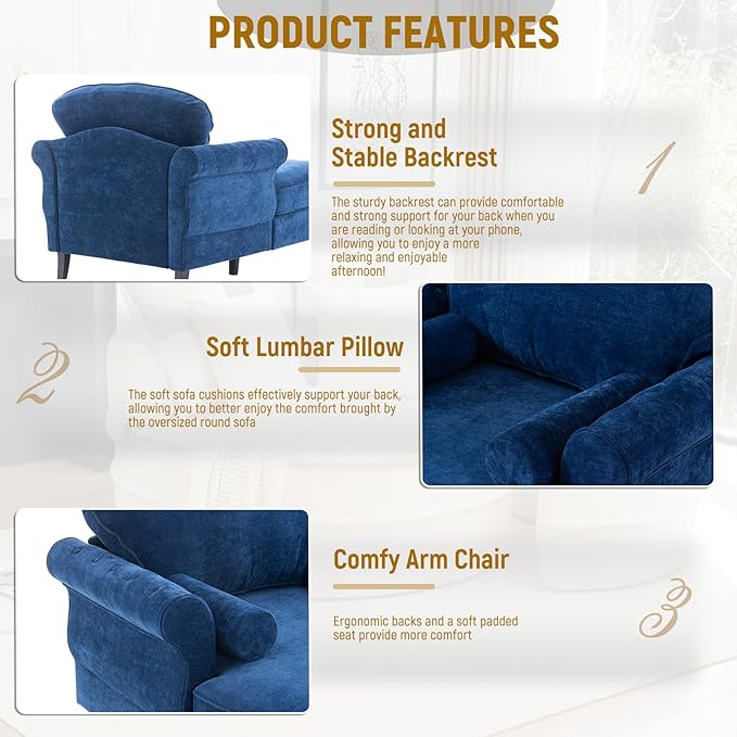 Accent Chair 59'' Modern Armchair for Living Room Upholstered High Back Lazy Sleeper Armchair Recliner for Woman Chaise Lounge Chair Indoor Single Reading Sofa Chair with Wood Legs (Blue)