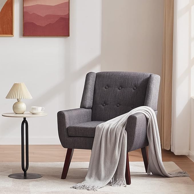 HUIMO Accent Chair Arm Chair Set of 2 Button Tufted Upholstered Reading Chair Linen Fabric Mid Century Modern Chairs for Bedroom Living Room Chair Comfy Sofa Chair(2 Grey)