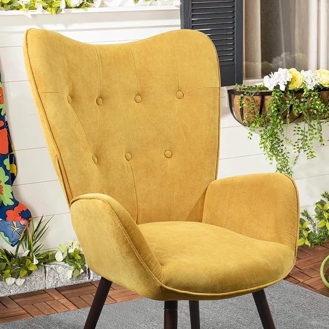 Accent Chair Ottoman Set for Living Room Wing Back Armchair Tufted Back Upholstery Living Room Chairs - Orange