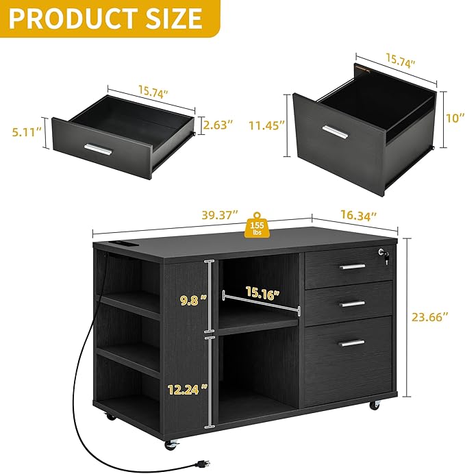 DWVO File Cabinet with Charging Station 3 Drawer Mobile Filing Cabinet with Lock Printer Stand with Open Storage Shelf for Home Office Black