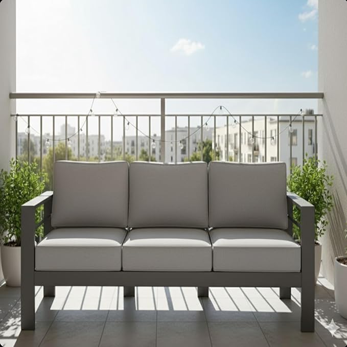 75 All-Weather Sofa Bed with Heavy-Duty Frame Stylish Sofa Bed with Water-Repellent Olefin Comfort 3-Seater Sofa with High-Density Foam for Patio Balcony Gray+Gray