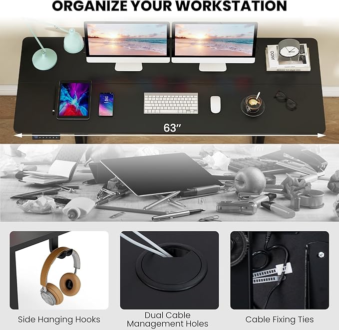 Tangkula 63 Inch Height Adjustable Electric Standing Desk Extra Large Sit Stand Desk with 3 Memory Height Settings Anti-Collision System 2 Hanging Hooks &amp Wire Holes Rising Desk for Home Offic