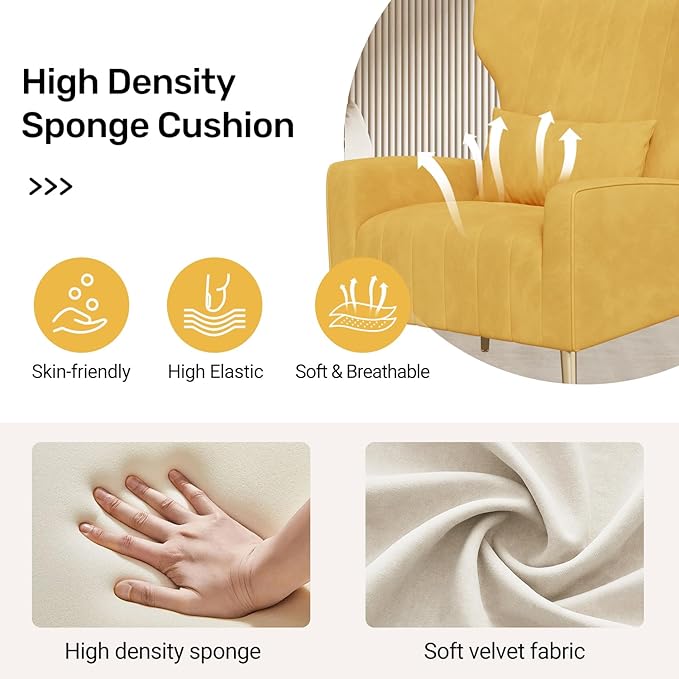 Velvet Accent Chair Set of 2Wingback for Living Room High Back Arm Chair with Golden Legs Lumbar Pillow Upholstered Single Sofa Bedroom Yellow