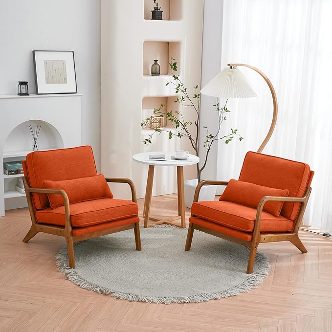 Mid Century Modern Accent Chair with Wood Frame Upholstered Living Room Chairs with Waist Cushion Reading Armchair for Bedroom Sunroom (Orange)