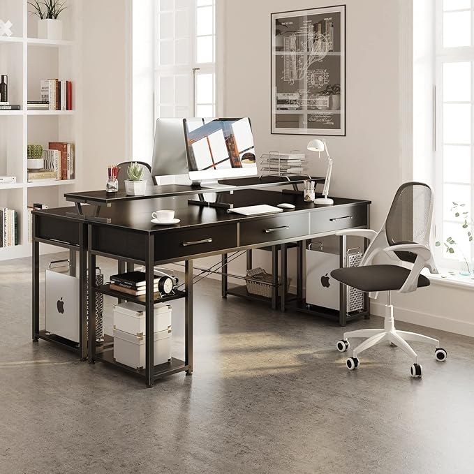 ODK 55 Inch Computer Desk with Power Outlets &amp 4 Drawers Home Office Desk with Monitor Stand &amp Shelves Grey