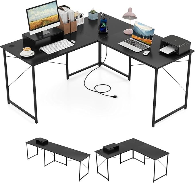 Tangkula L-Shaped Computer Desk with Power Outlets 95” Long 2-Person Desk with Monitor Shelf Modern Corner Desk Gaming Table with USB Ports for Home Office