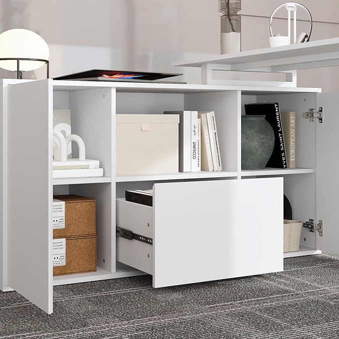 Homsee Electric Height Adjustable Standing Desk with Storage Cabinet U-Shape Computer Desk with Drawer &amp Open Shelves for Home Office Workstation Desk for Writing Study Executive White