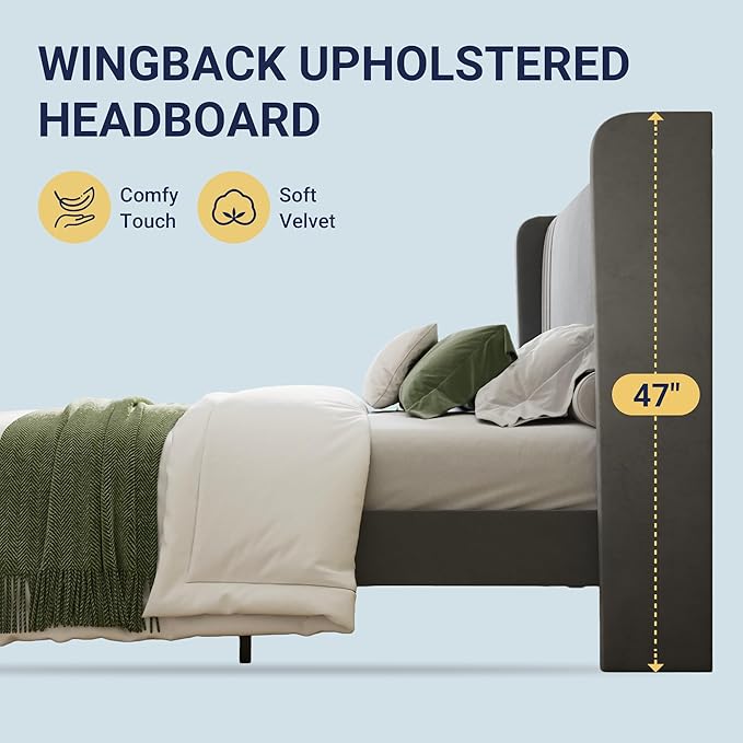 Allewie Queen Size Velvet Platform Bed Frame with Vertical Tufted Wingback Headboard Easy Assembly Under Bed Storage No Box Spring Required Modern Style Grey