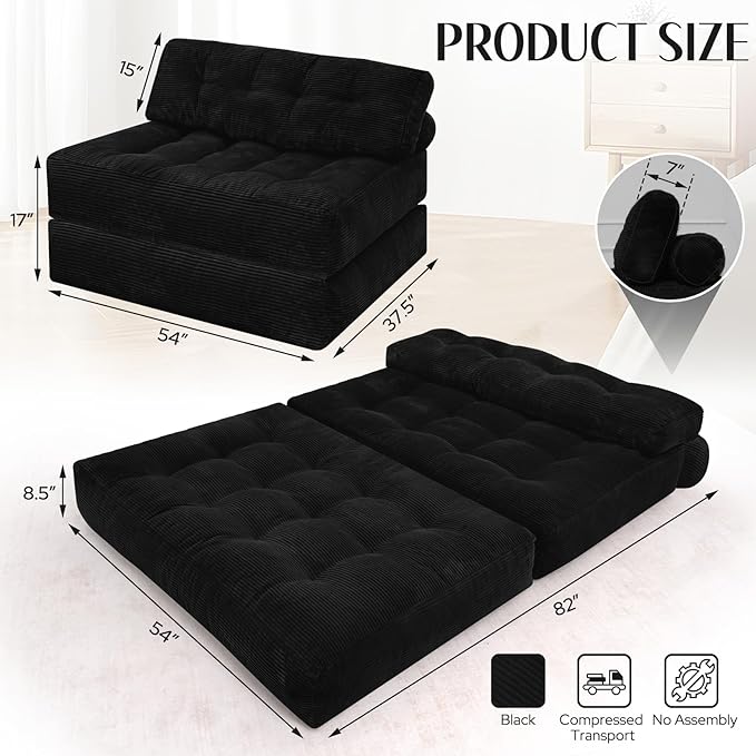 HABUTWAY Folding Sofa Bed Foldable Floor Sofa Lounge w/Dual-Pillow &amp Handle Convertible Sleeper Chair Bed w/Back Support for Living Room Bedroom Apartment Office Black Full