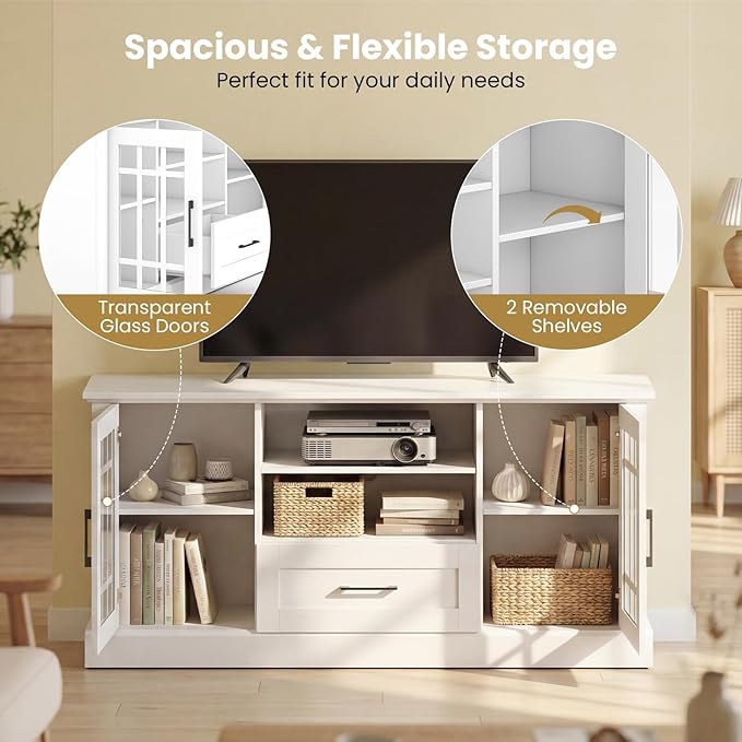 Giantex Farmhouse TV Stand for 65/70 Inch TV Tall Entertainment Center with Storage Cabinets Glass Doors Drawer Removable Shelves Media TV Console Table for Living Room Bedroom (White)