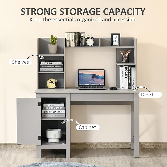Farmhouse Style Computer Desk with Storage Hutch Home Office Desk for Study and Work Light Grey
