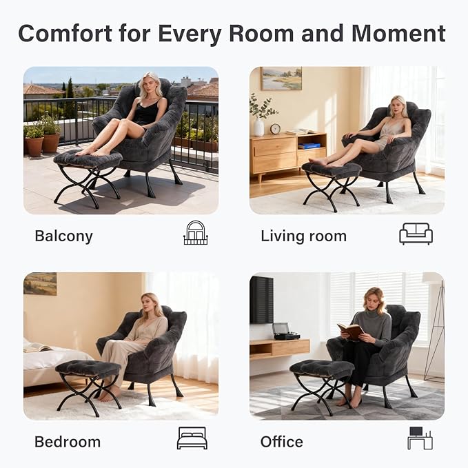 Lazy Chair with Ottoman Modern Accent Chair Lounge Leisure Sofa Chair with Armrests Reading Chair and Folding Footstool for Living Room Bedroom Office Plush Navy