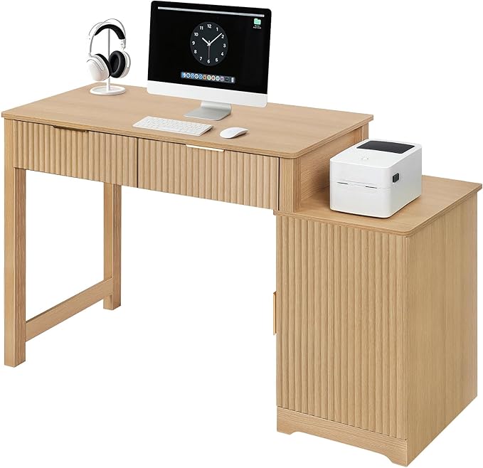 ZYBT 40 Fluted Executive Desk Modern Wood Home Office Desk with Fluted Drawer &amp Removable Storage Cabinet and Printer Stand Farmhouse Computer Writing Table for Work Study Natural Oak