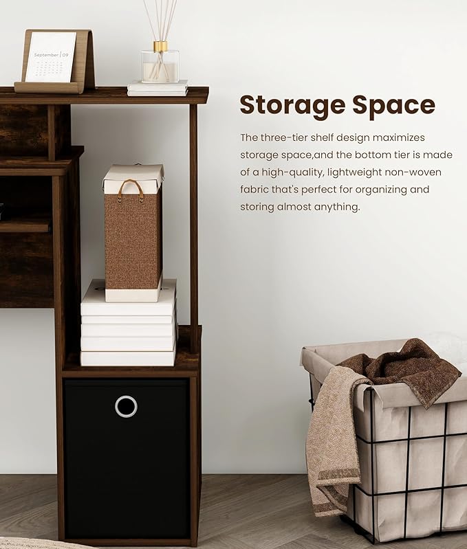 Small Computer Desk with Drawers Wood Writing Desk with Storage Shelves for Home Office Bedroom Living Room Walnut/Black