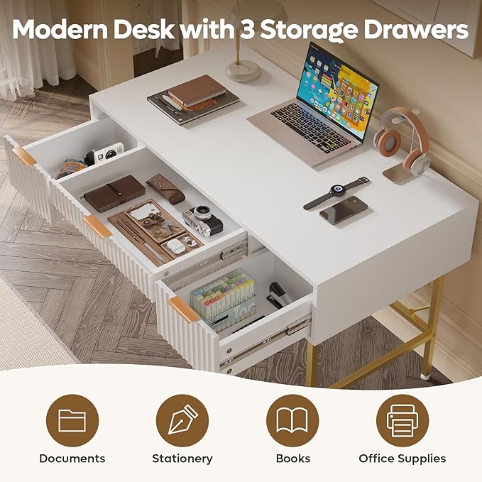 Bestier 47.6 Inch Fluted Computer Writing Desk with Drawers for Home Office White and Gold Vanity Desk Modern Simple Makeup Desk for Bedroom