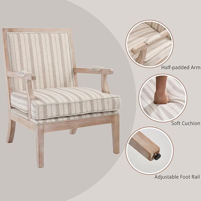 chairus Farmhouse Linen Accent Chair Set of 2 Upholstered Reading Chair with Solid Wood Frame Lounge Arm Chair with High Back for Living Room Reception Room Waiting Room Khaki Stripe