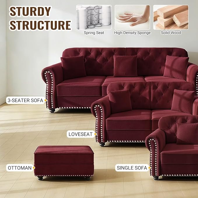 63 Compact Velvet Sofa with Ottoman Mid-Century Modern Tufted Couch with Nailhead Trim &amp Rolled Arms Includes 2 Decorative Pillows Burgundy Upholstered Seating for Living Room