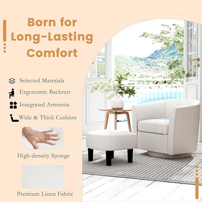 KOMFOTT Swivel Barrel Chair with Ottoman Upholstered Armchair with Footrest Removable Seat Cushion Linen Fabric Club Reading Sofa Chairs Modern Accent Chair for Living Room Bedroom Creamy