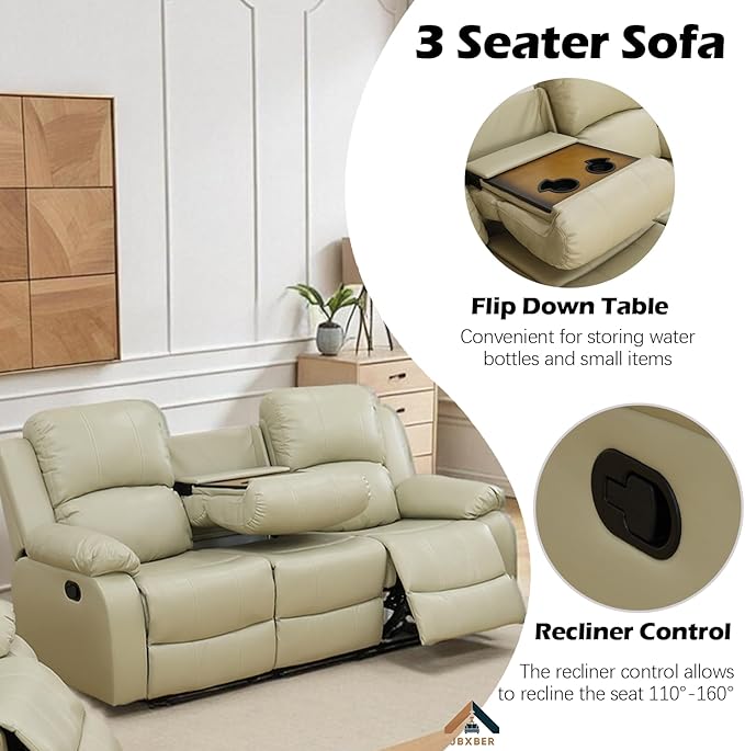 Manual Recliner Sofa Set for Living Room Leather Reclining Sofa Sets Faux Leather Couch Set with Cup Holders Drop-Down Table and Storage Console(SofaBeige)