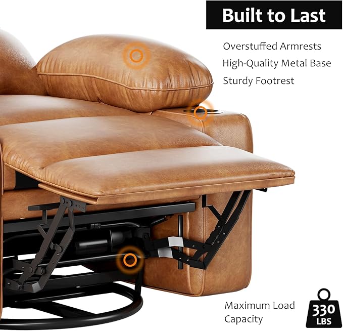 22 in Leather Recliner Chair for Adults Overstuffed Manual Recliner Single Sofa with Cup Holder &amp Side Pockets 400 LBS Capacity Upholstered Chair for Living Rooms Brown