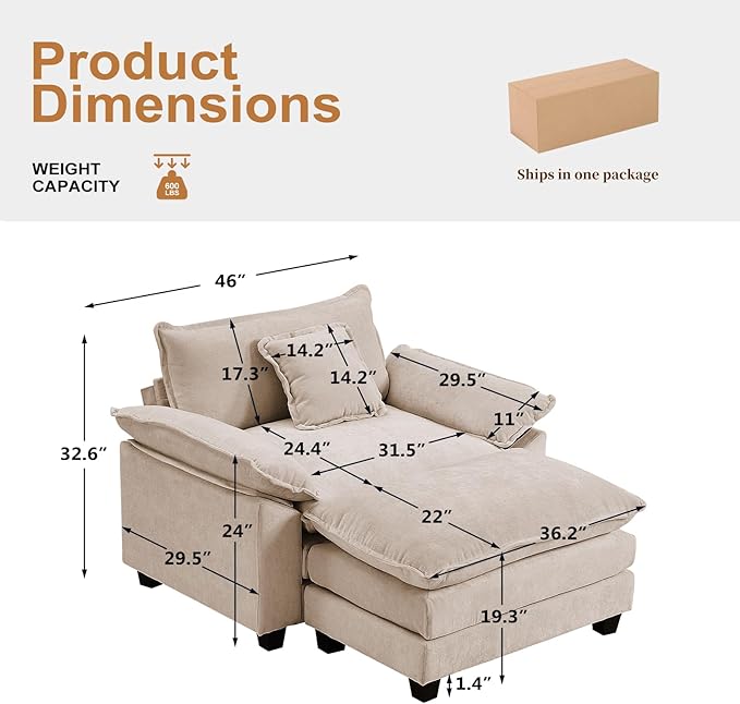 Furniliving 46‘’ Oversized Chair with Ottoman Luxury Chenille Single Sofa Upholstered Deep Seat Chaise Lounge with Pillows for Living Room Bedroom Apartment Camel