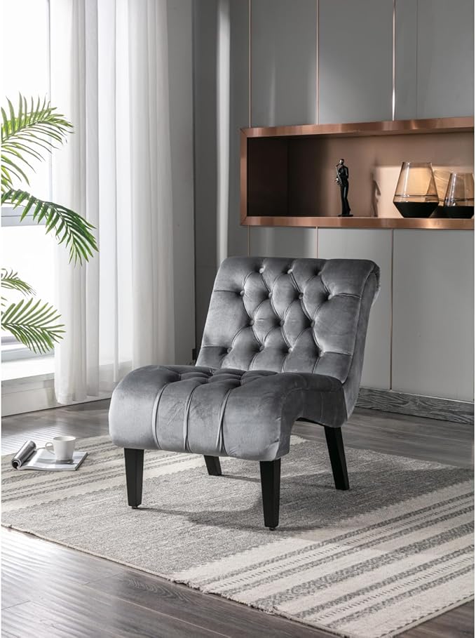 Modern Velvet Armless Accent Chair with Wooden Legs for Living Room Bedroom Office (Silver Velvet)