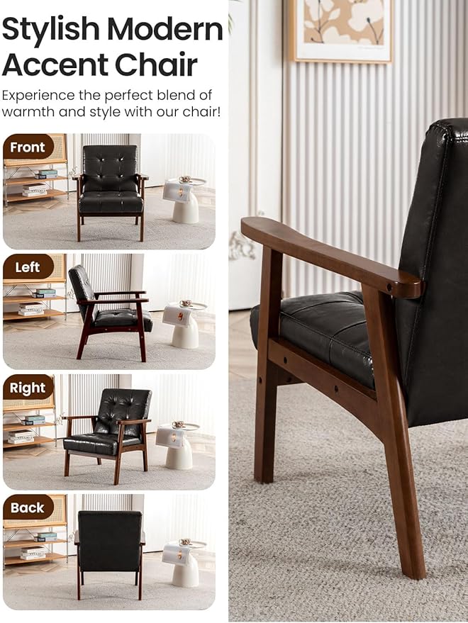 Mid Century Modern Accent Chairs for Living Room Comfy Bedroom Chairs for AdultsSmall Wide Reading Nook Arm Chair 105° Ergonomic Cozy Black Leather Armchair with Rubber Wood