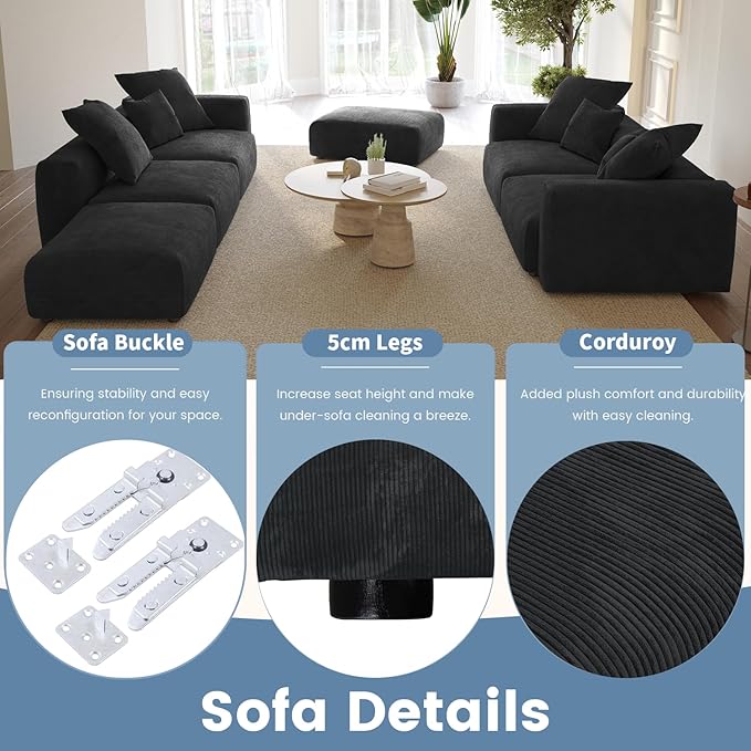 Sectional Couches for Living Room102inch Cloud Couch Modular Sectional SofaModern Corduroy Couch Love SeatCushion Covers Removable&amp Washable (Black)
