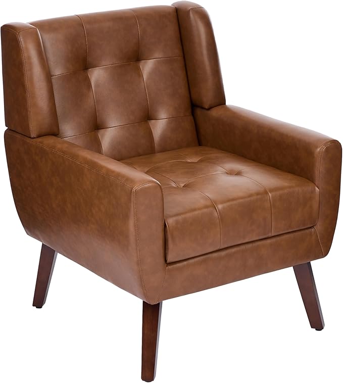 Accent Chair Comfy Mid Century Modern Small Armchairs with Solid Wood Frame and Soft Cushion for Living Room Bedroom (Faux Leather Coffee Set of 2)