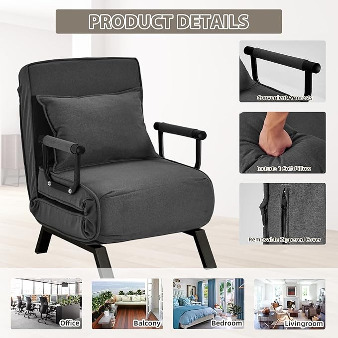 Convertible Sofa Bed Sleeper ChairSingle Person Chaise Lounge Couch with PillowUpholstered Lazy Bed with 6 Angles Adjustable BackrestFolding Sofa Arm Chair for Apartment/Office/Home (Dark Gray)