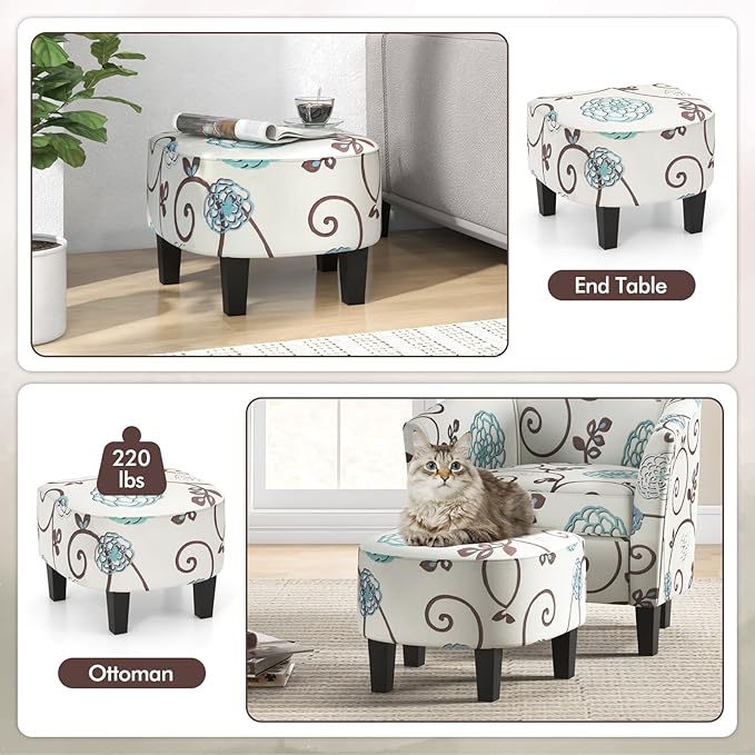 DORTALA Accent Chair with Ottoman Modern Upholstered Barrel Chair Set w/Solid Wood Legs Linen Fabric Armchair w/U-Shaped Back and Deep Seat Ideal for Living Room